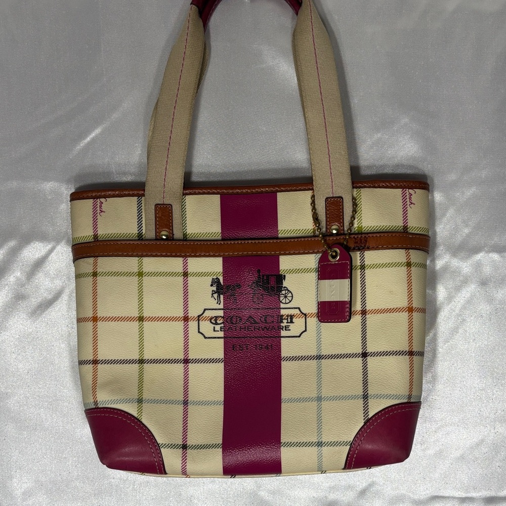 Coach Plaid Tote Bag - Pink and Cream